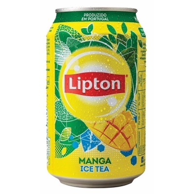 Lata amarela Lipton Manga Ice Tea com imagem de manga e folhas verdes