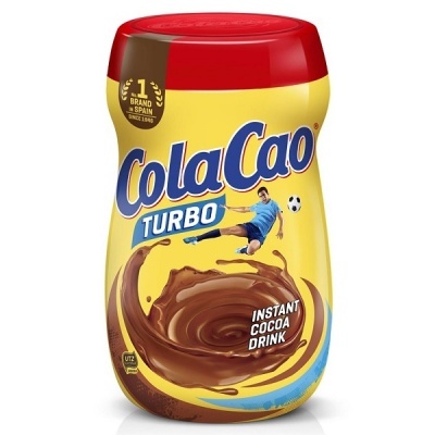 Frasco de Cola Cao Turbo instantâneo com imagem de jogador de futebol e chocolate