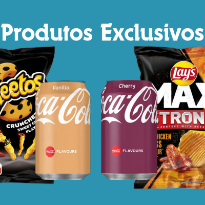 Vários snack e bebidas com texto Produtos Exclusivos em fundo azul.