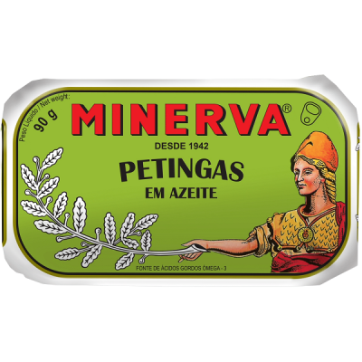 Lata verde de petingas em azeite MINERVA com figura feminina e ramo branco