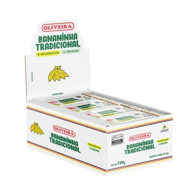 Caixa de exposição de Bananinha Tradicional Oliveira com ilustração de bananas