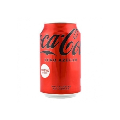 Lata vermelha de Coca-Cola Zero Açúcar com texto em espanhol
