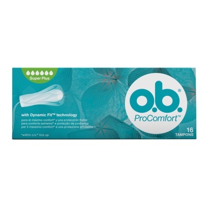 Embalagem de tampões o.b. ProComfort azul e verde com 16 unidades