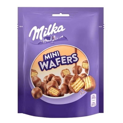 Pacote roxo de Mini Wafers Milka com imagem dos wafers cobertos de chocolate