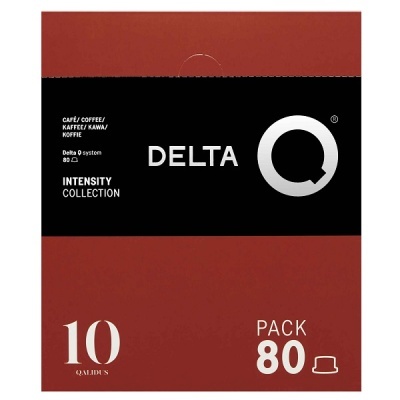 Embalagem de cápsulas de café Delta Q vermelha e preta com texto branco