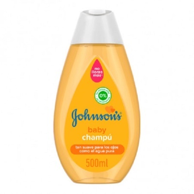 Frasco amarelo de champô Johnson's baby 500ml com tampa branca