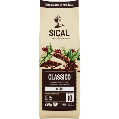 Embalagem de café em grão SICAL Clássico com 220g e embalagem reciclável