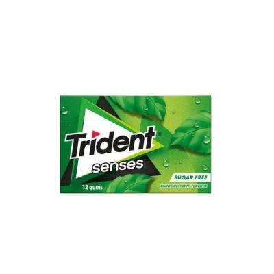 Caixa verde de pastilhas elásticas Trident Senses com folhas e gotas de água