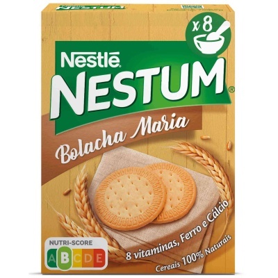 Embalagem de cereais Nestlé Nestum Bolacha Maria com bolachas ilustradas