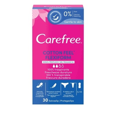 Embalagem rosa e azul de protetores diários Carefree Flexiform Cotton Feel, 30 unidades, tamanho S/M
