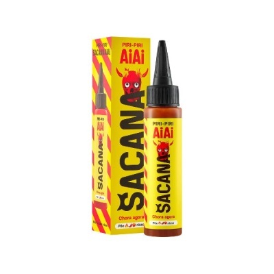 Frasco de molho piri-piri AiAi Sacana com caixa amarela e vermelha