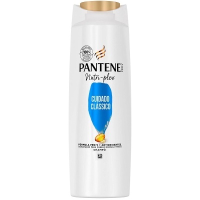 Frasco branco de champô Pantene Pro-V Nutri-plex Cuidado Clássico