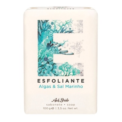 Barra de sabão esfoliante com embalagem branca e ilustração de algas azul e verde