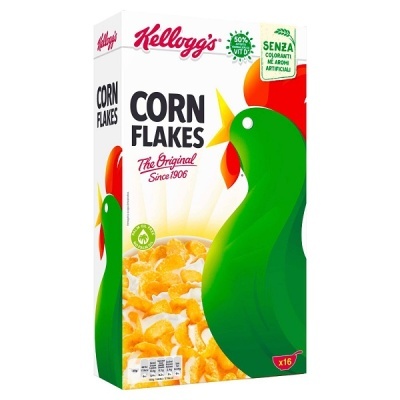 Caixa branca de cereais Kellogg's Corn Flakes com desenho de um galo verde