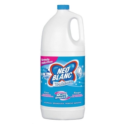 Frasco branco de líquido de limpeza Neo Blanc Tradicional com rótulo azul e rosa.