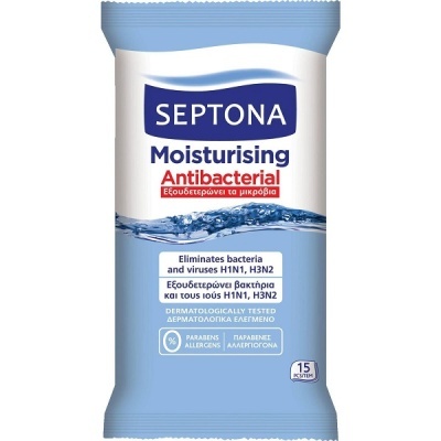 Pacote de lenços húmidos antisepticos SEPTONA Moisturising Antibacterial azul e branco