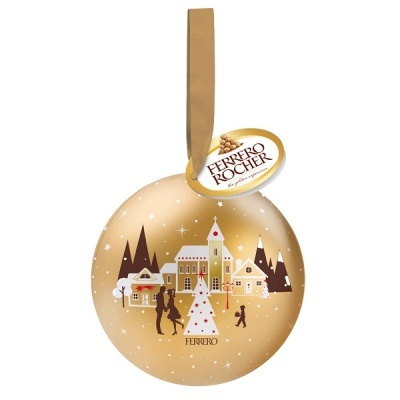 Embalagem dourada redonda Ferrero Rocher com ilustração natalícia