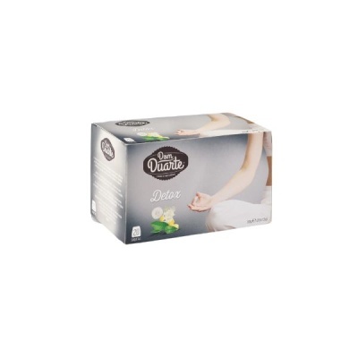 Caixa de chá Detox da Dona Duarte com imagem de pessoa meditando e folhas de ervas