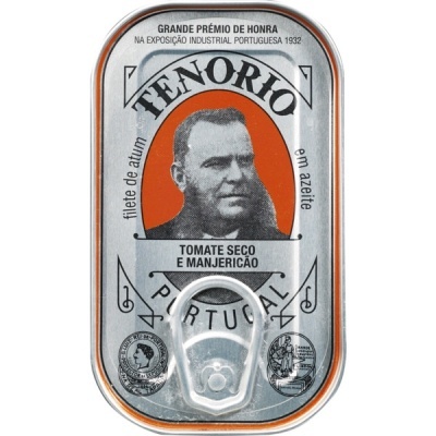 Lata de atum Tenório com tomate seco e manjericão, rótulo prateado e laranja