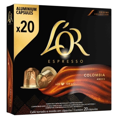 Caixa preta e dourada de cápsulas de café L'OR Espresso Colombia Andes