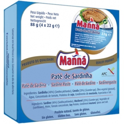 Caixa azul e branca de paté de sardinha Manná com informações de peso e ingredientes