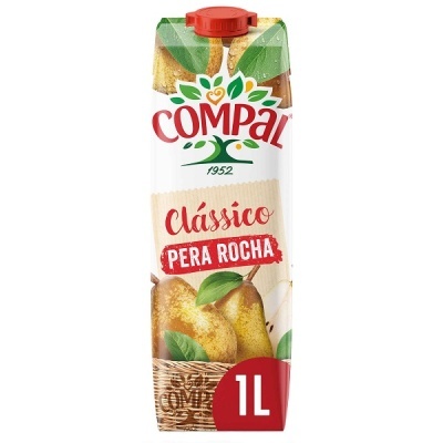 Embalagem de sumo Compal Clássico Pera Rocha 1L com peras e tampa vermelha.