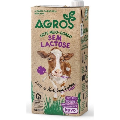 Caixa de leite meio-gordo sem lactose da marca AGROS com imagem de vaca
