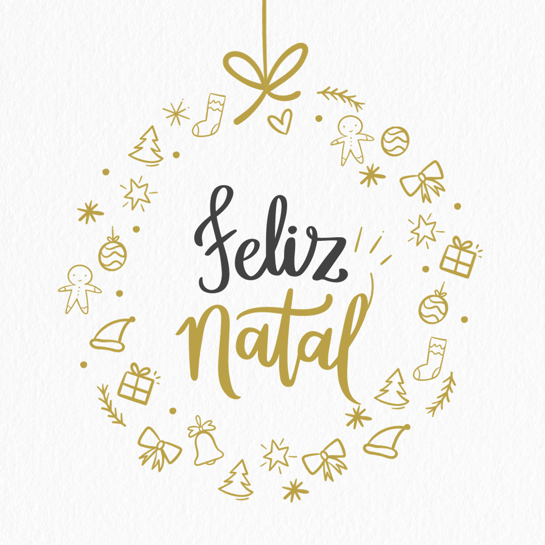 Ilustração de coroa natalícia com elementos dourados e texto 'Feliz Natal'