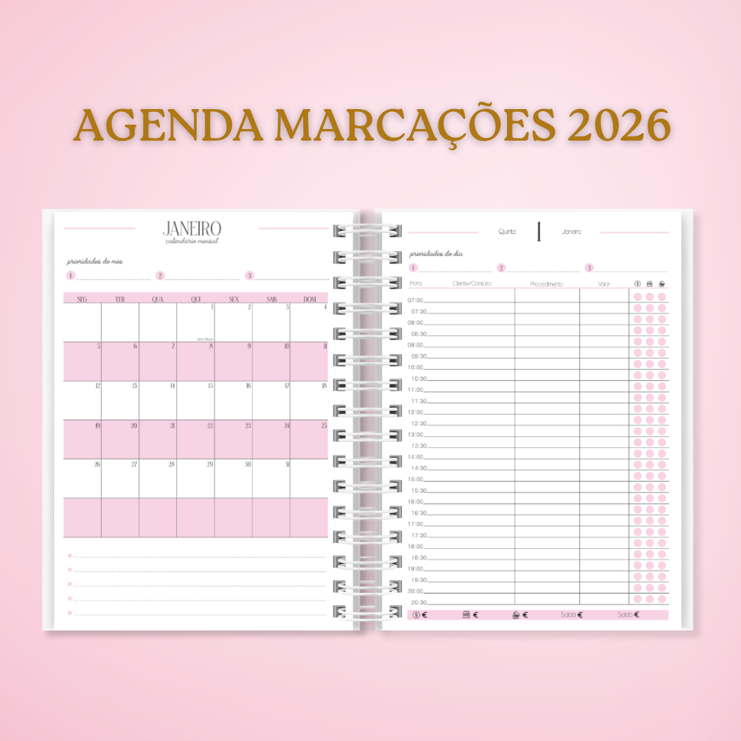Agenda 2026 aberta com layout em rosa e branco para marcações semanais e diárias