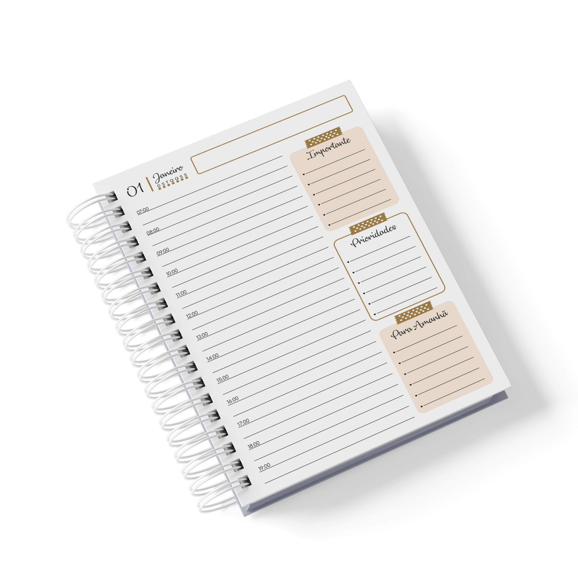 Agenda espiral branca com secções para organização diárias em tons bege