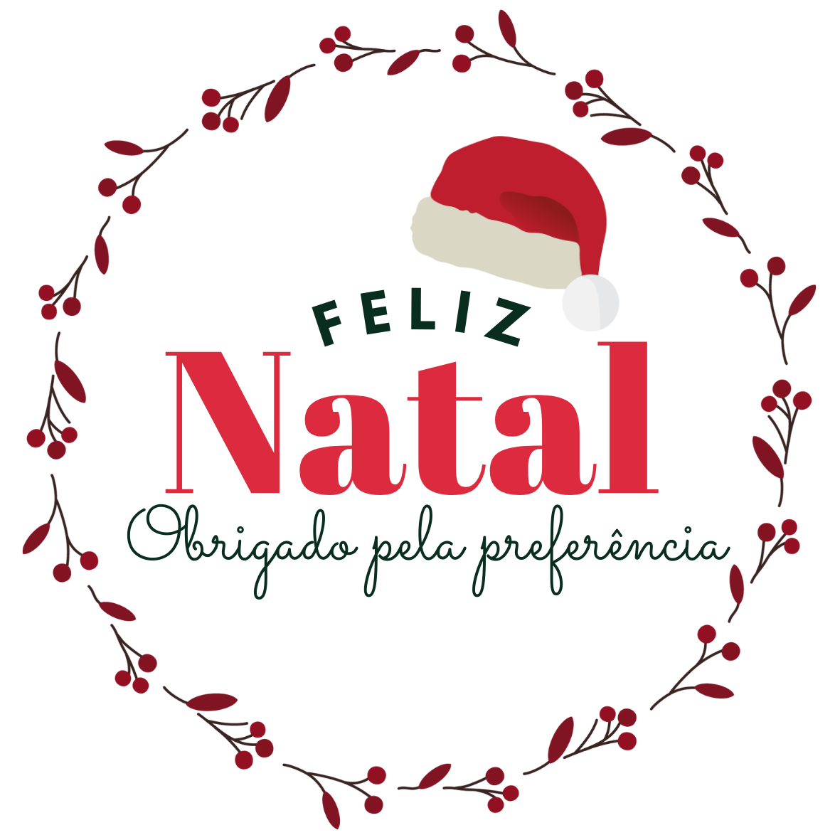 Decoração circular com texto de Feliz Natal em português e gorro de Natal