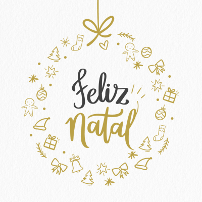 Ilustração de coroa natalícia com elementos dourados e texto 'Feliz Natal'