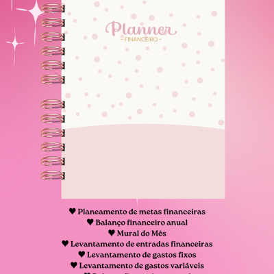 Planner financeiro com capa rosa e branca com pontos e texto, com argolas cor de rosa, sobre fundo rosa com texto em português
