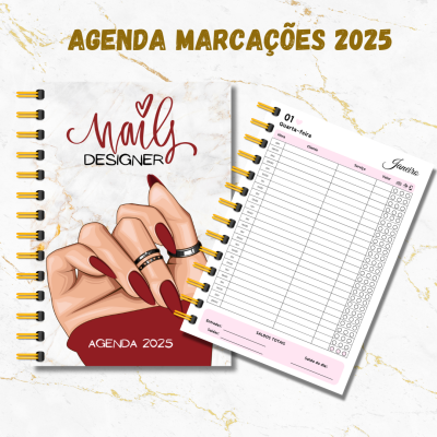Agenda 2025 com tema nails designer, capa com unhas vermelhas e página interna para marcações.