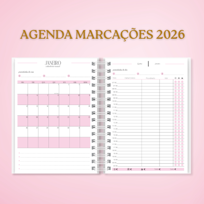Agenda 2026 aberta com layout em rosa e branco para marcações semanais e diárias