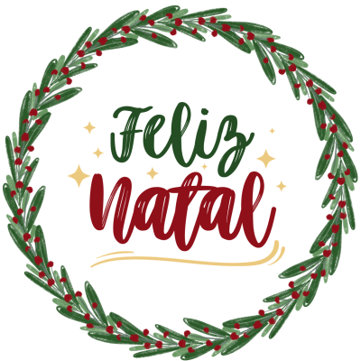 Coroa verde com bagas vermelhas e texto Feliz Natal em vermelho e verde