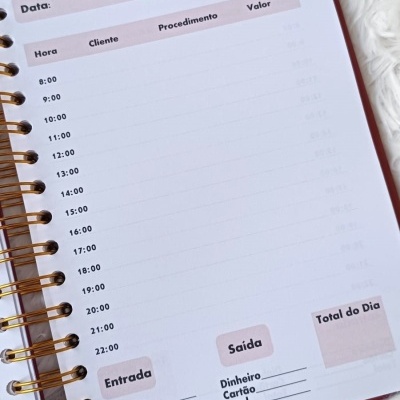 Agenda aberta com organização diária, colunas para horários, clientes, procedimentos e valores.