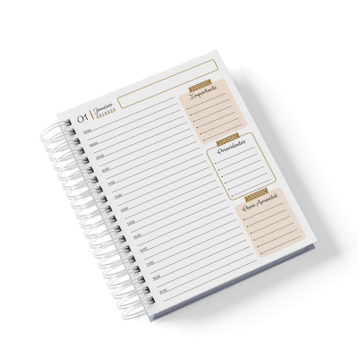 Agenda espiral branca com secções para organização diárias em tons bege