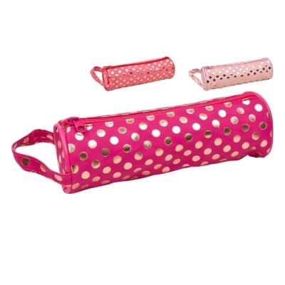 Estojo cilíndrico rosa com bolinhas douradas e fecho de correr