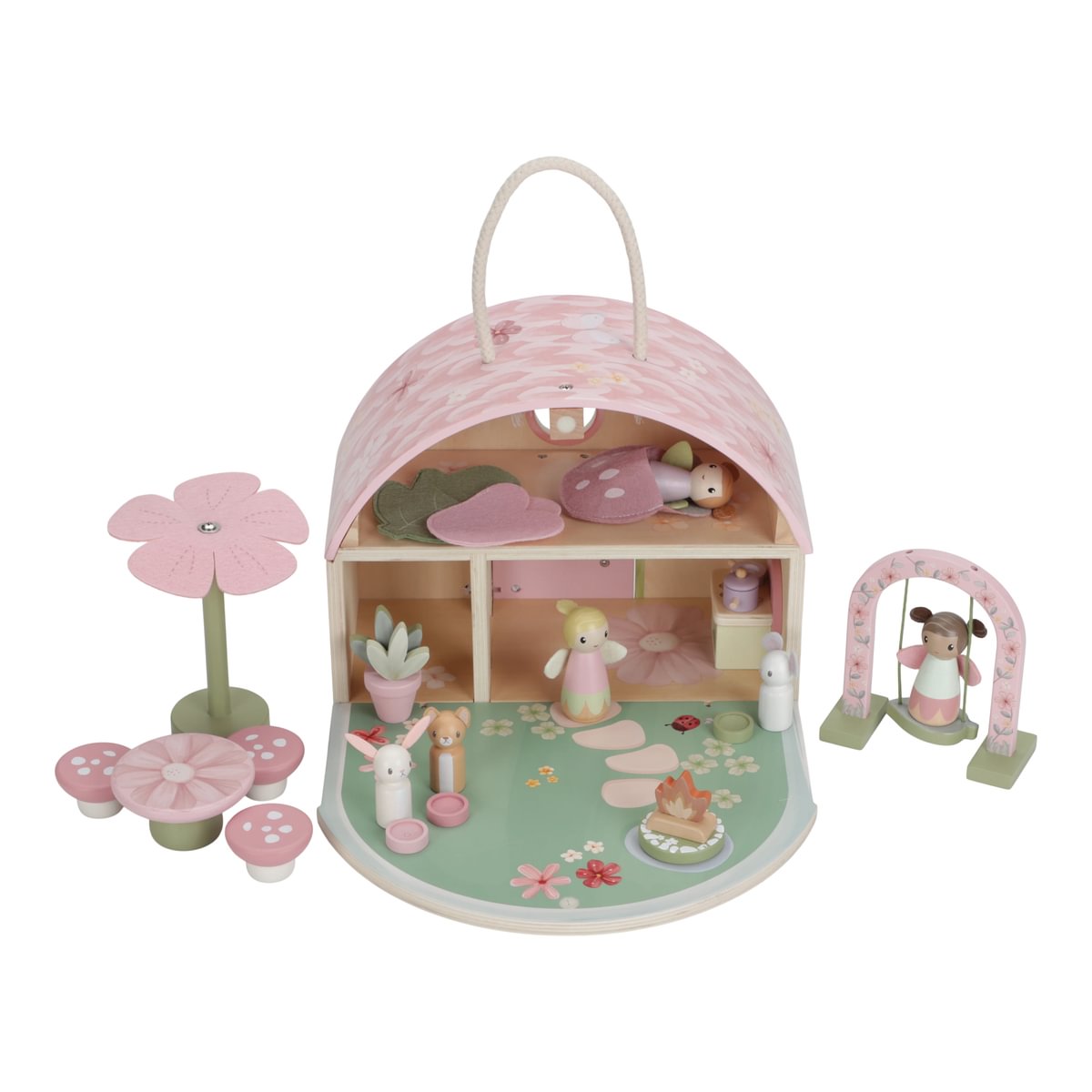 Brinquedo infantil de madeira casa portátil com bonecas e acessórios coloridos