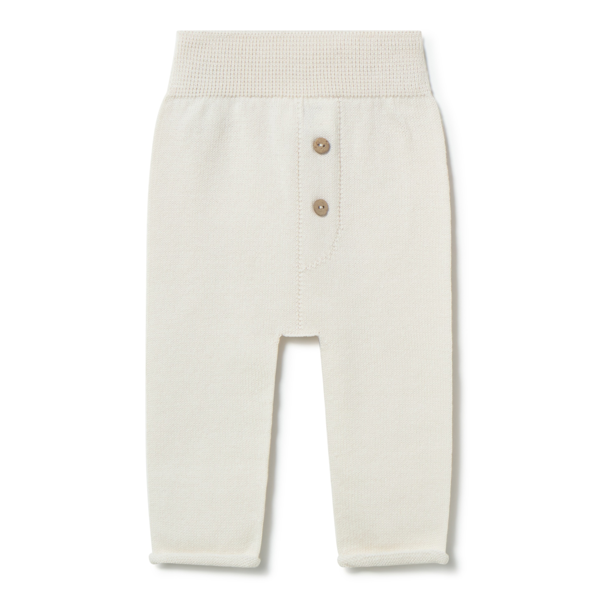 Calças para bebé em malha creme com botões e cós largo.