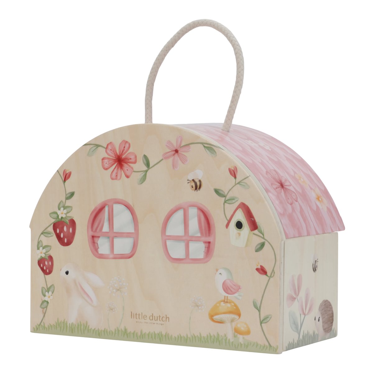 Caixa em madeira decorada como casinha com alça e ilustrações coloridas.