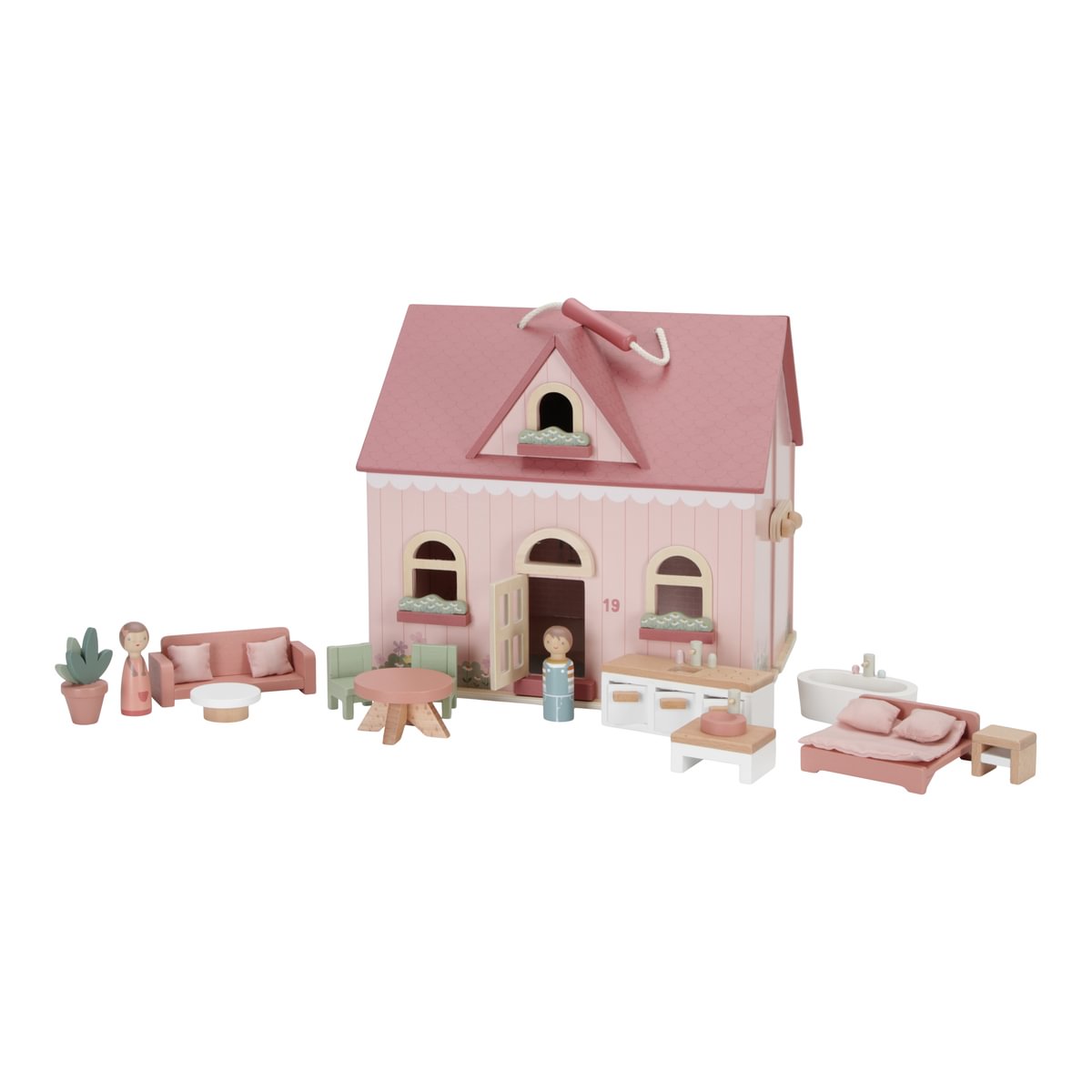 Casa de bonecas de madeira cor de rosa com mobília e figuras humanas