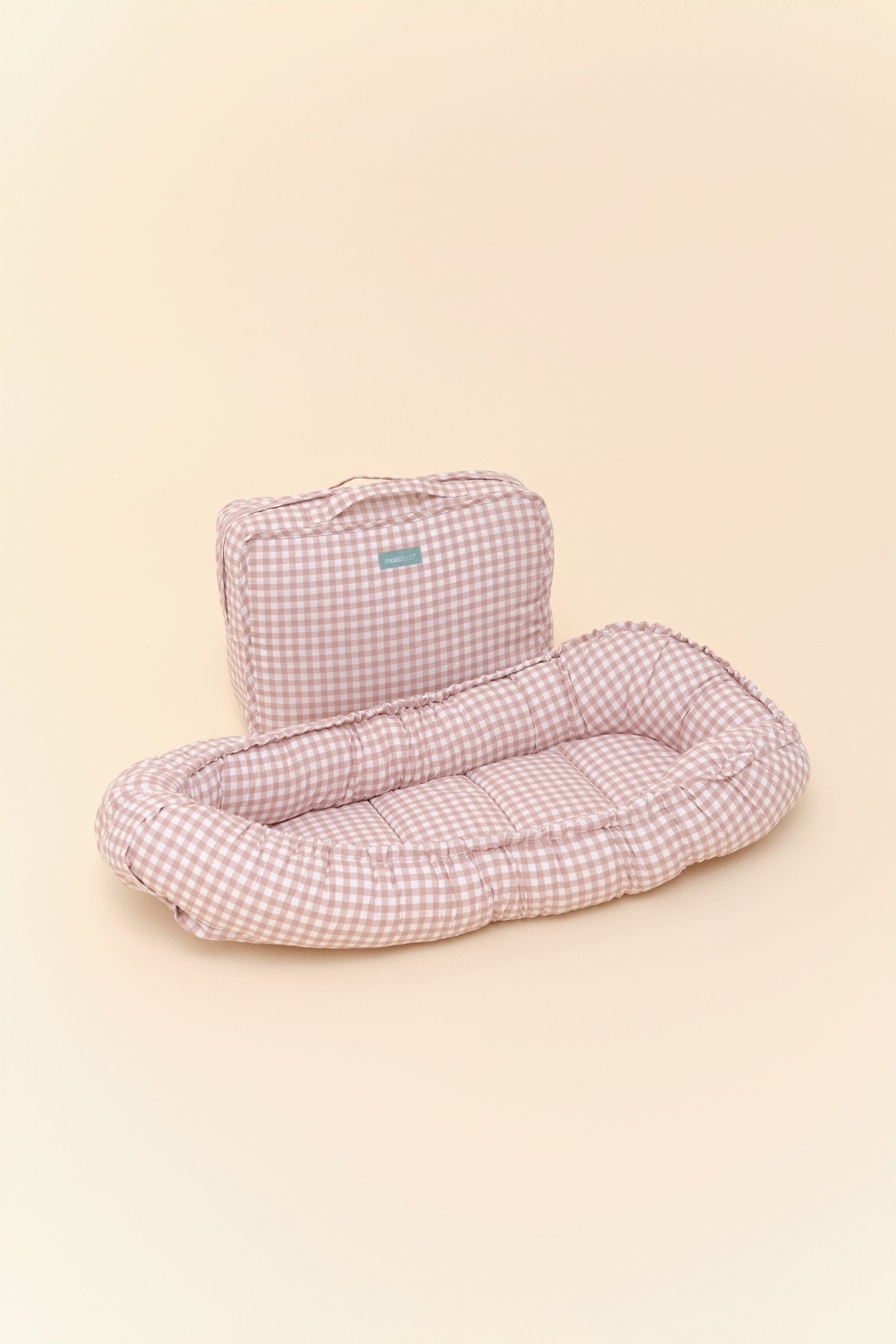 Cama e bolsa de viagem para bebé cor rosa xadrez