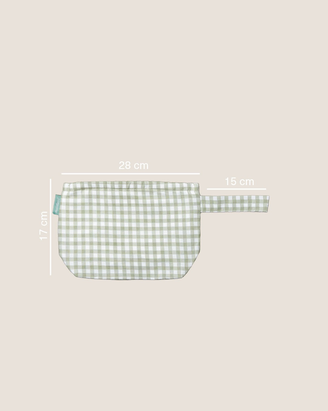 Necessaire verde e branca com padrão de quadrados e alça lateral