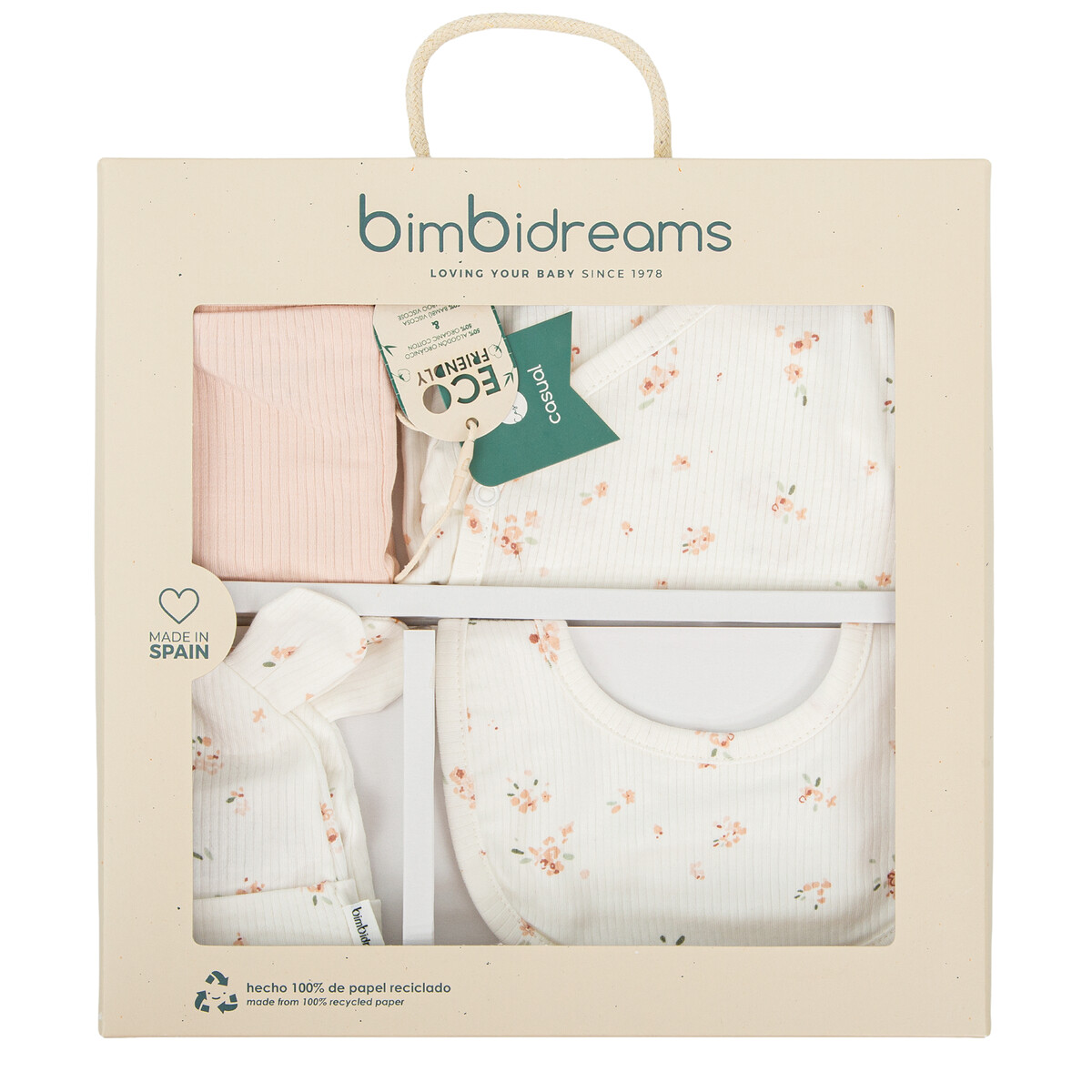Conjunto de roupa de bebé bimbidreams creme e rosa com padrão floral em embalagem reciclada