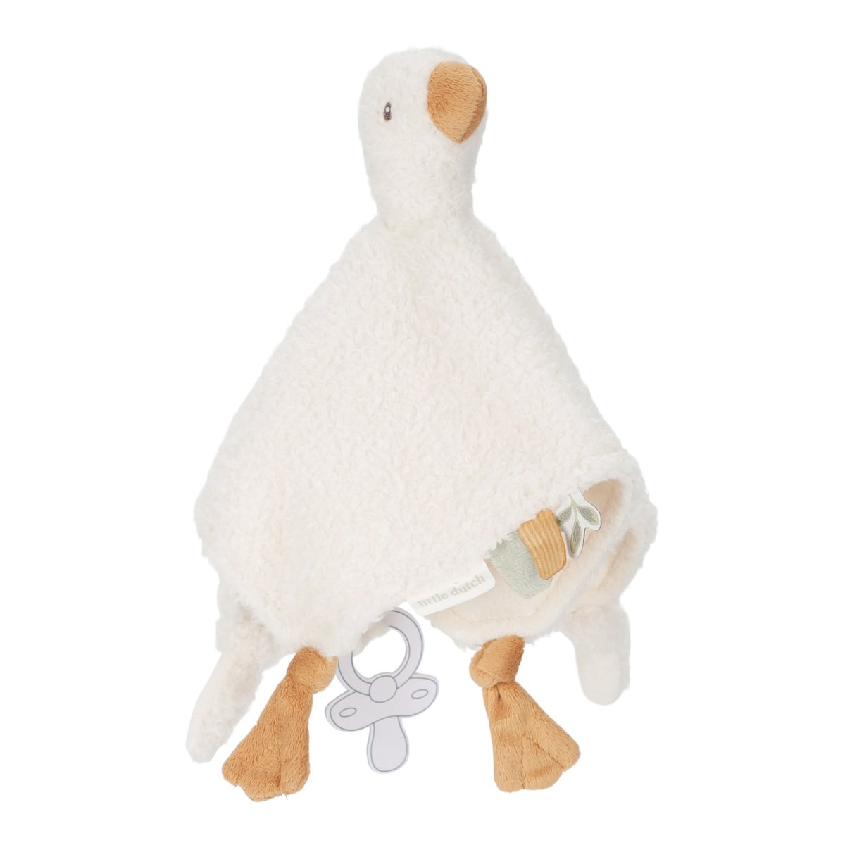 Peluche pato branco com bico e pés castanhos e chupeta cinza