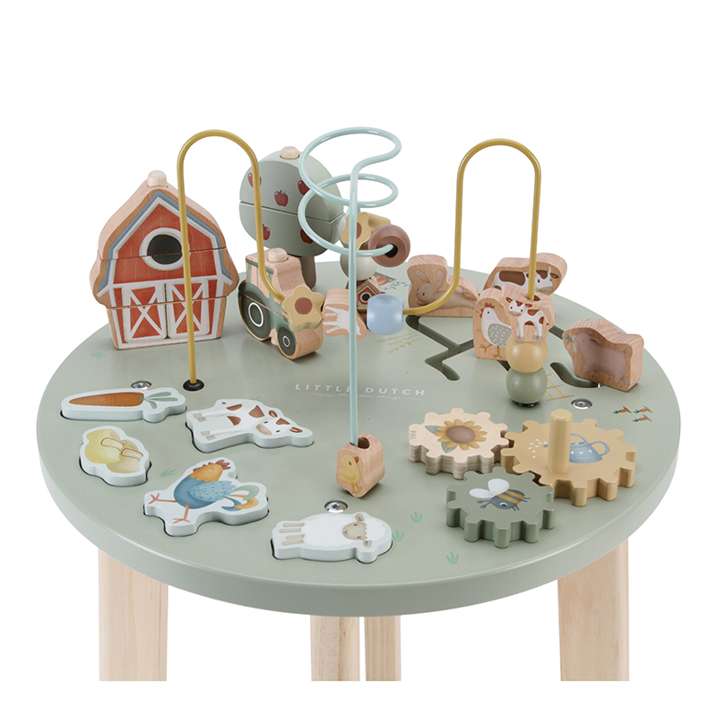 Brinquedo de madeira infantil LITTLE DUTCH com mesa verde e peças de animais da quinta e engrenagens