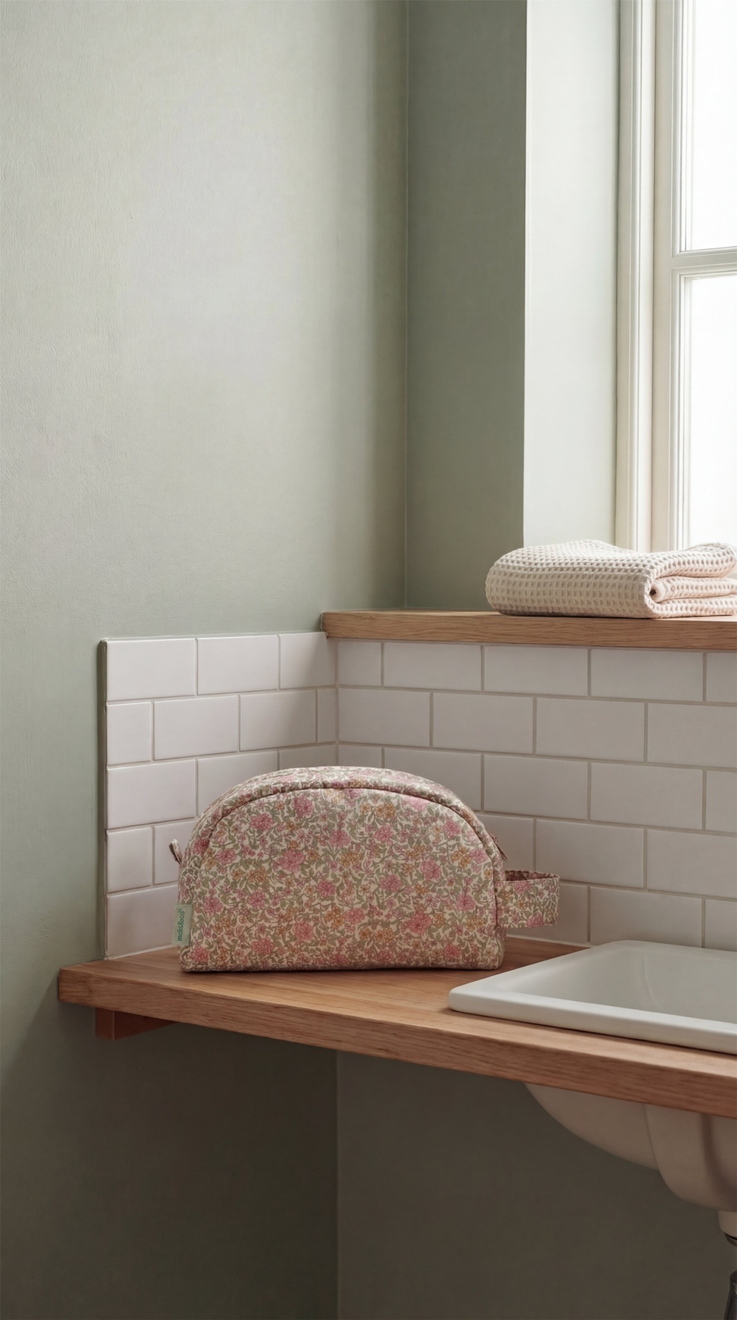 Necessaire floral em prateleira de madeira junto a azulejos brancos e pia