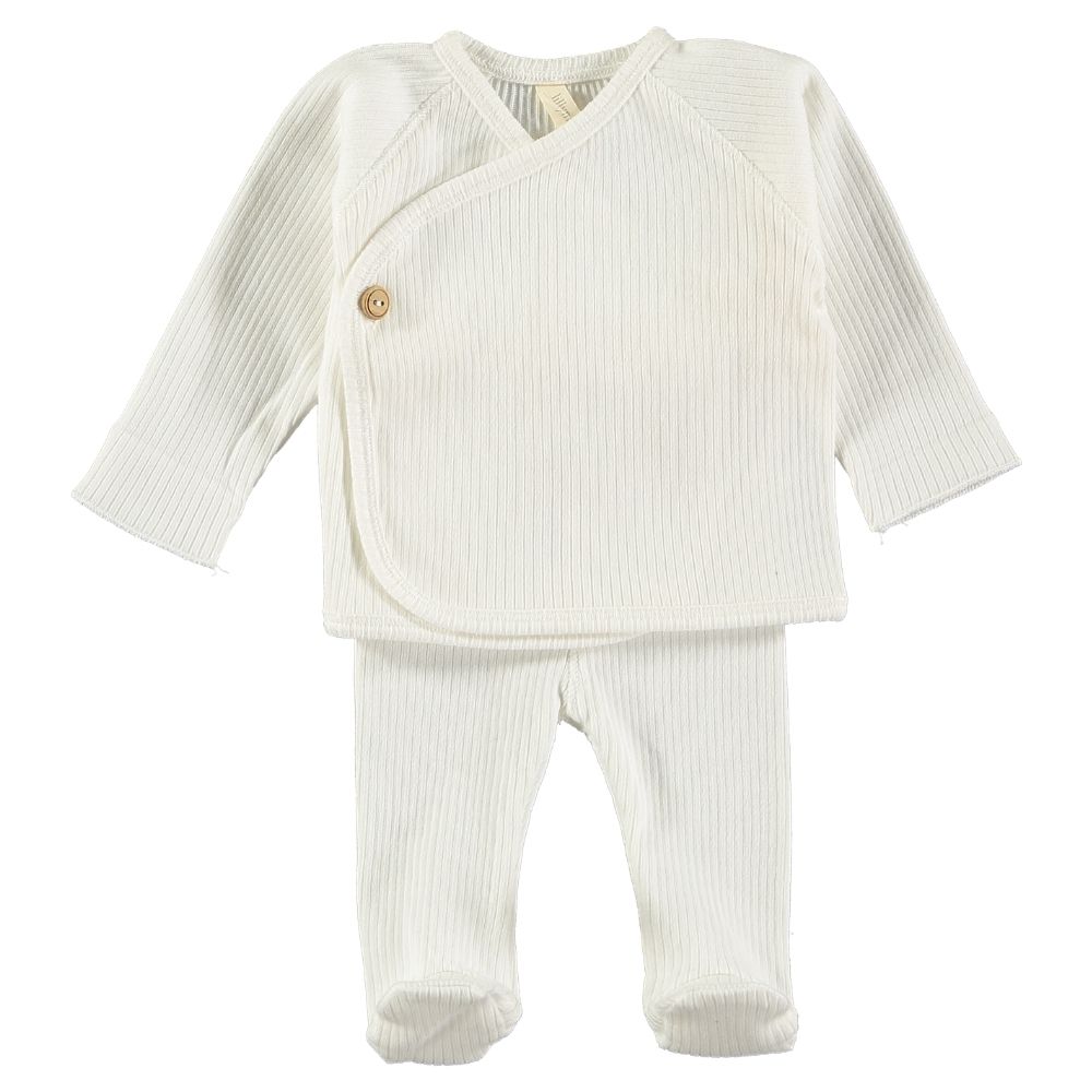 Conjunto roupa bebé malha canelada branca camisa manga comprida calças com pés